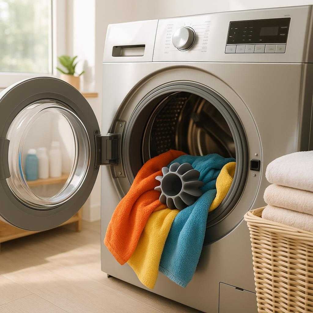 vaskebold-i-silikone-effektiv-og-sknsom-tjvask-i_15230517313923_scene1 Vaskebold i silikone - Effektiv og skånsom tøjvask i grå og hvid: A modern laundry room, where the silicone washing ball is placed inside an open, stainless steel washing machine filled with a mix of colorful clothes.