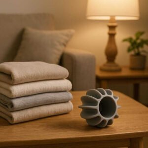 Vaskebold i silikone - Effektiv og skånsom tøjvask i grå og hvid: A cozy living room, where the silicone washing ball is displayed on a wooden table next to a stack of freshly laundered clothing.