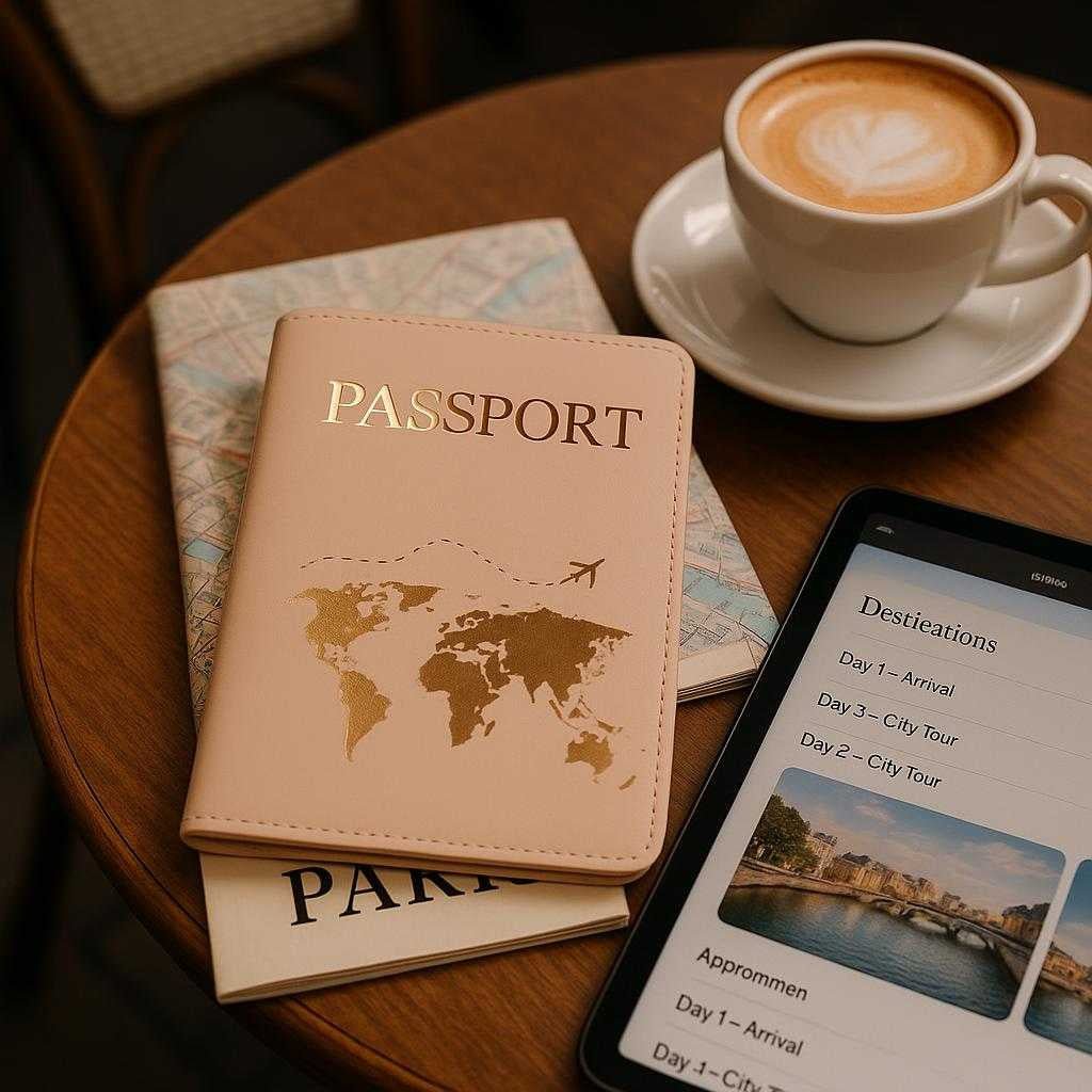 verdenskortdesign-i-kunstlder-elegant-rejsepartner-med-hj-kvalitet-og-stilfuldt-udseende-a-stylish-passport-holder-sits_15240310817155_scene2 Verdenskortdesign i Kunstlæder – Elegant Rejsepartner med Høj Kvalitet og Stilfuldt Udseende. A stylish passport holder sits atop a map and travel guide at a cozy café table, with a coffee cup and a digital tablet displaying travel itineraries, highlighting an adventurous yet sophisticated lifestyle.