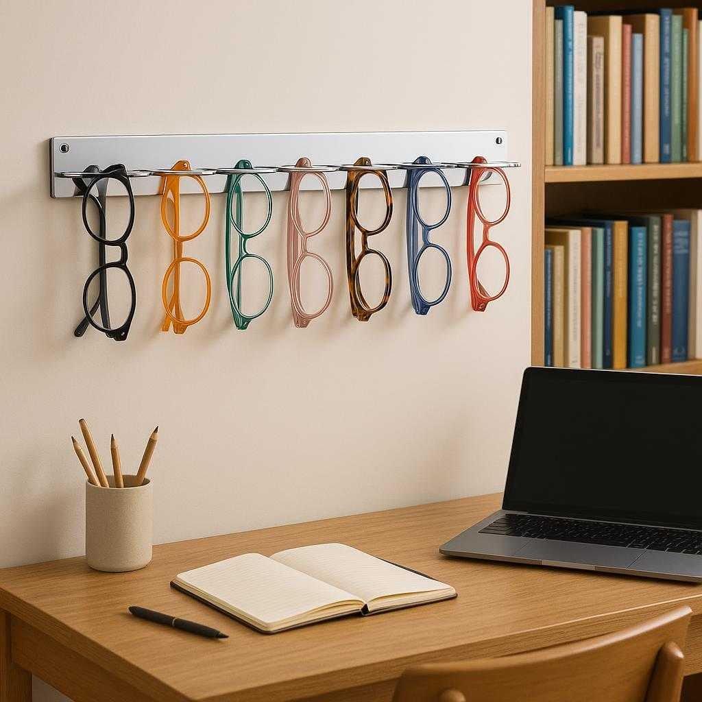 vgmonteret-brilleholder-i-stl-elegant-og-praktisk-opbevaring-til-dit-hjem-i-hj-kvalitet-a-stylish-study-room-features_15240221589891_scene2 Vægmonteret Brilleholder i Stål - Elegant og Praktisk Opbevaring til Dit Hjem i Høj Kvalitet. A stylish study room features the steel eyewear holder mounted above a wooden desk, organized with colorful eyeglasses against a backdrop of books and a laptop.