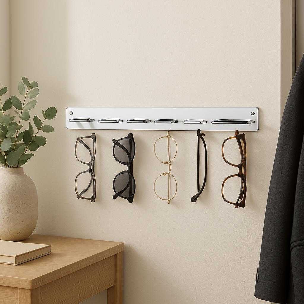 vgmonteret-brilleholder-i-stl-elegant-og-praktisk-opbevaring-til-dit-hjem-i-hj-kvalitet-the-wall-mounted-steel-eyewear-holder_15240221589891_scene1 Vægmonteret Brilleholder i Stål - Elegant og Praktisk Opbevaring til Dit Hjem i Høj Kvalitet. The wall-mounted steel eyewear holder is securely installed in a modern home entryway, neatly displaying various glasses under soft natural lighting.