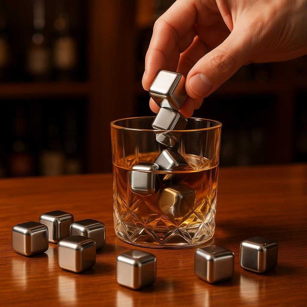 whiskysten-i-granit-genanvendelige-miljvenlige-i_15212515557763_scene1 Whiskysten i Granit - Genanvendelige, Miljøvenlige Isterninger med Opbevaringspose og Tang (9 stk): A realistic home bar setting where the granite whisky stones are properly grounded on a polished wooden counter.