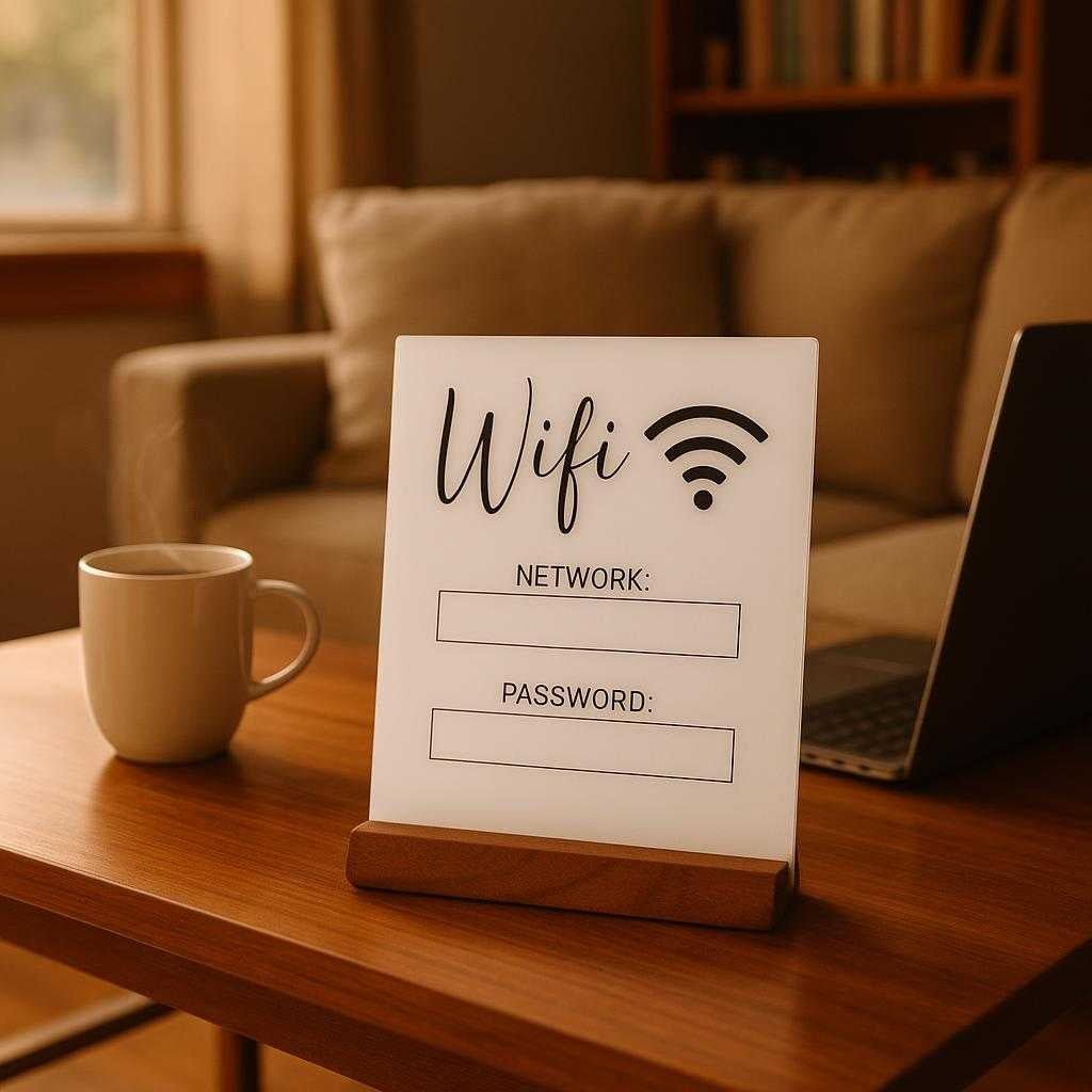 wifi-forstrker-med-optimal-dkning-tilgngelig-i-h_15233442251139_scene1 Wifi forstærker med optimal dækning - Tilgængelig i hvid og sort: A cozy living room setting, where the Wifi sign is elegantly placed on a modern wooden coffee table.
