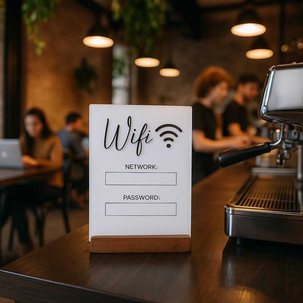 wifi-forstrker-med-optimal-dkning-tilgngelig-i-h_15233442251139_scene2 Wifi forstærker med optimal dækning - Tilgængelig i hvid og sort: A chic café environment, where the Wifi sign sits prominently on the counter next to a sleek espresso machine.