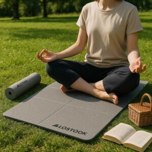 Yogamåtte i skum med tekstureret overflade, bærbar og skridsikker - Grøn, Lilla, Blå, Lyserød: A different realistic outdoor park setting where the foam yoga mat is securely positioned on lush green grass, being used for a relaxing meditation session.